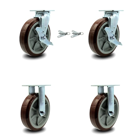 Service Caster 8 Inch Polyurethane Caster Set with 2 Brakes/Swivel Lock 2 Rigid SCC-30CS820-PPUR-TLB-BSL-2-R-2